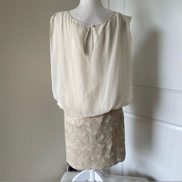 🛳 Designer’s Aidan Mattox Beige Drape Chiffon Cocktail Sequin Dress - Picture 2 of 16